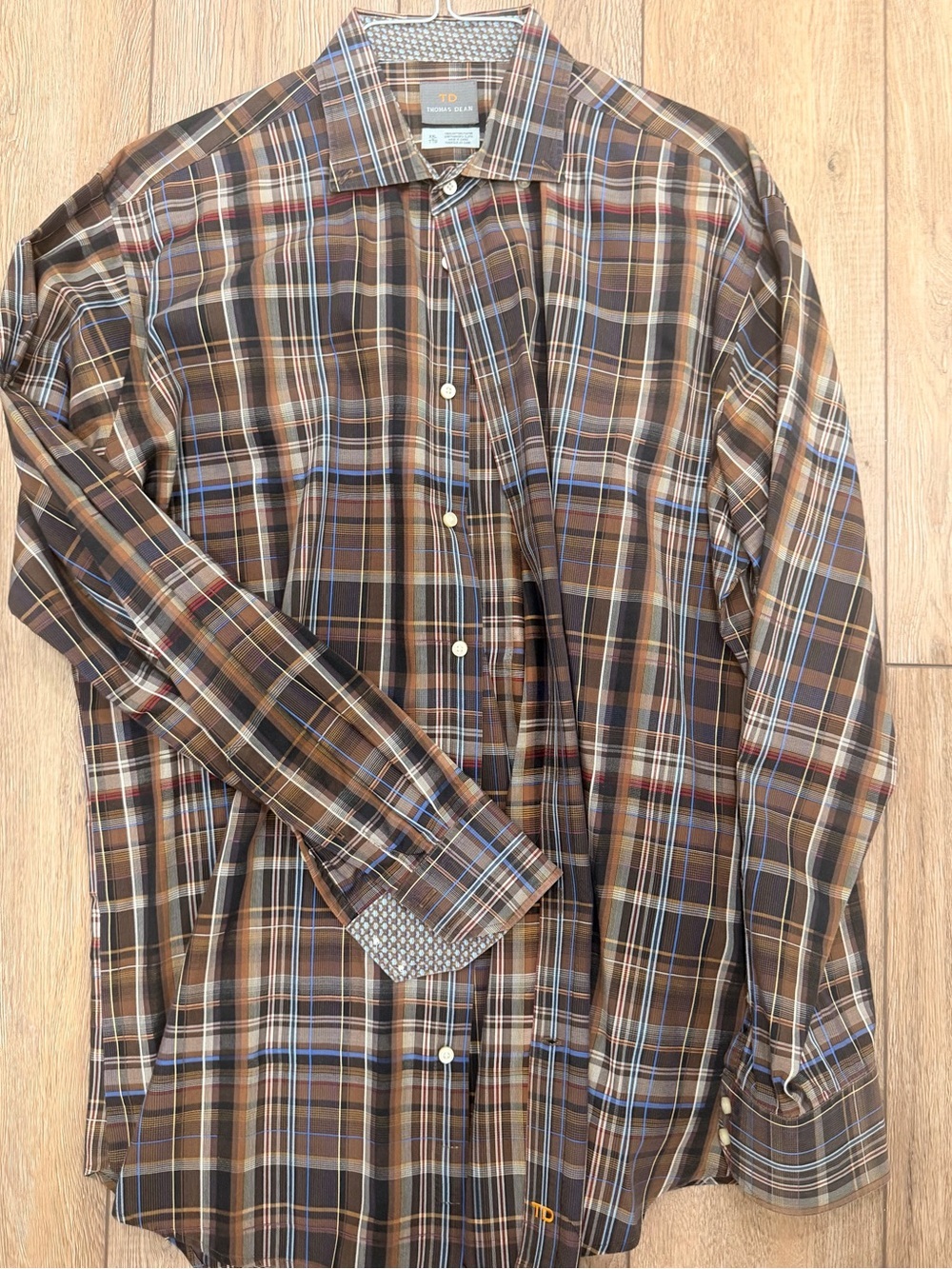 Thomas Dean Brown Plaid Dress Shirt with Blue Accents